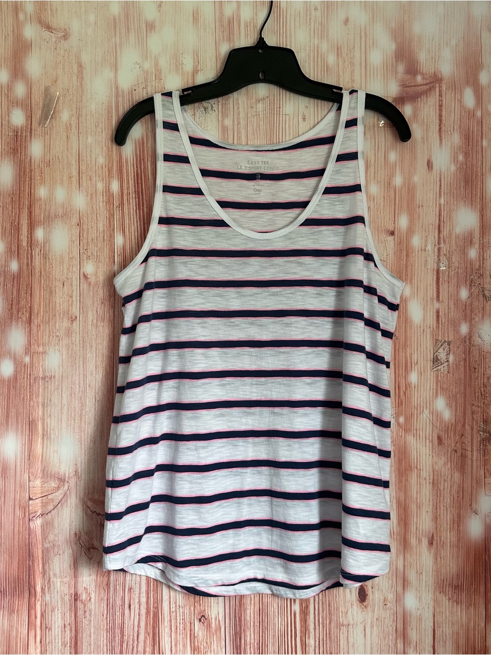 Gap Factory White Scoop Neck Burnout Blue & Pink Striped Easy Tee Tank Top Sz L
